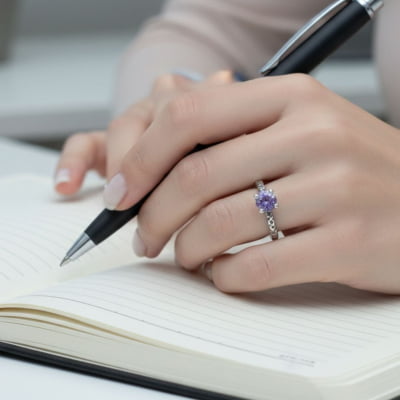 Anel Solitário Astral em Prata 925 com Zircônia Roxa