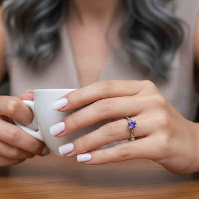 Anel Solitário Astral em Prata 925 com Zircônia Roxa