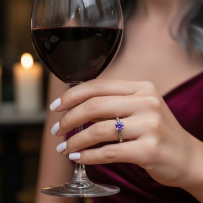 Anel Solitário Astral em Prata 925 com Zircônia Roxa