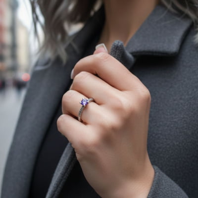 Anel Solitário Astral em Prata 925 com Zircônia Roxa