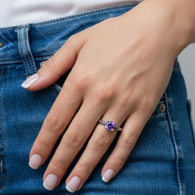Anel Solitário Astral em Prata 925 com Zircônia Roxa