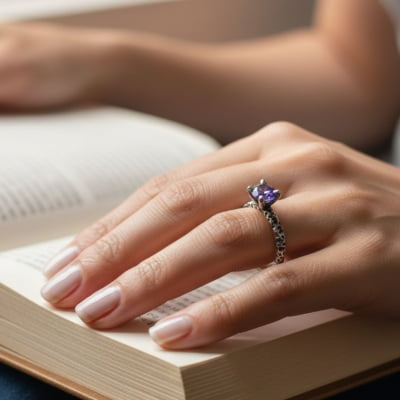 Anel Solitário Astral em Prata 925 com Zircônia Roxa