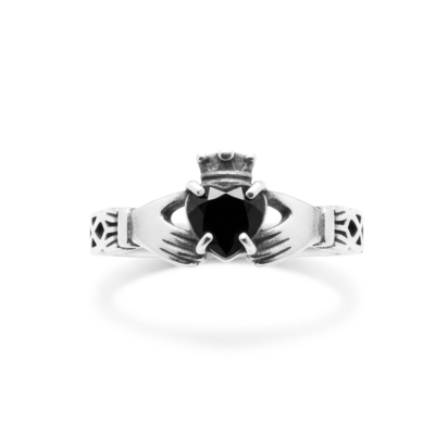 CLADDAGH – ANEL MODELO IRLANDES STONE ZIRCÔNIA PRETA PRATA 925