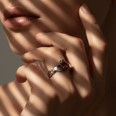 CLADDAGH – ANEL MODELO IRLANDÊS STONE COM ZIRCÔNIA VERMELHA EM PRATA 925