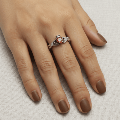 CLADDAGH – ANEL MODELO IRLANDÊS STONE COM ZIRCÔNIA VERMELHA EM PRATA 925