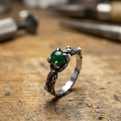 Anel Wood Moon em Prata 925 com Jade Verde Natural – Edição Limitada