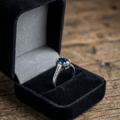 Essência - Anel Solitário Artesanal em Prata 925 e Zircônia Oval Azul Safira