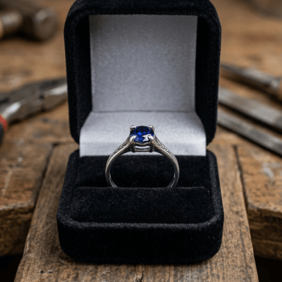 Essência - Anel Solitário Artesanal em Prata 925 e Zircônia Oval Azul Safira