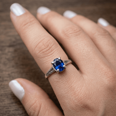 Essência - Anel Solitário Artesanal em Prata 925 com Zircônia Azul Safira