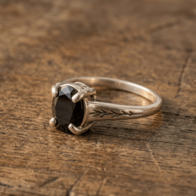 Essência - Anel Solitário Artesanal em Prata 925 com Zircônia Preta
