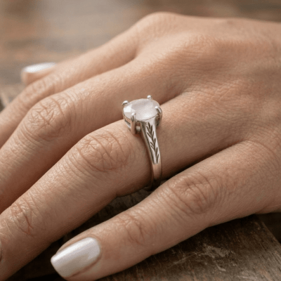 Essência - Anel Solitário Artesanal em Prata 925 com Zircônia Rosa Leitosa