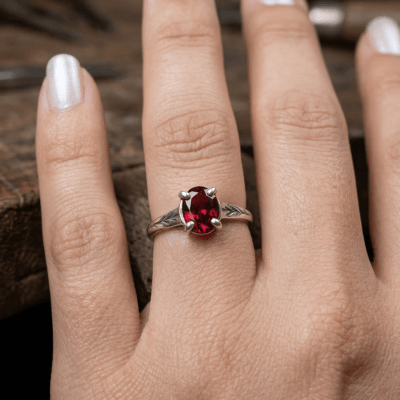 Essência - Anel Solitário Artesanal em Prata 925 com Zircônia vermelha