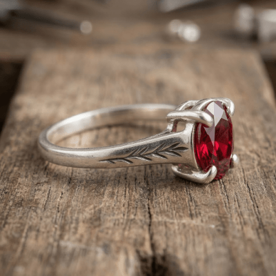 Essência - Anel Solitário Artesanal em Prata 925 com Zircônia Vermelha