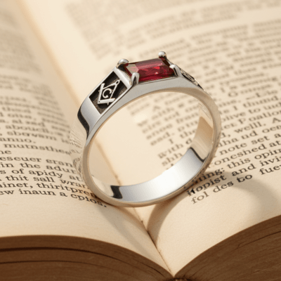 Maçonaria – Anel Sinete Retangular Esquadro e Compasso com Zircônia Vermelha em Prata 925