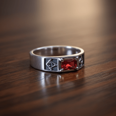 Maçonaria – Anel Sinete Retangular Esquadro e Compasso com Zircônia Vermelha em Prata 925