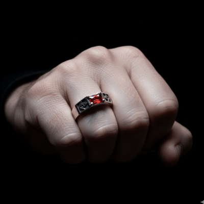 Maçonaria – Anel Sinete Retangular Esquadro e Compasso com Zircônia Vermelha em Prata 925