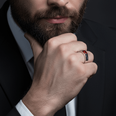 Maçonaria – Anel Sinete Retangular Esquadro e Compasso com Zircônia Vermelha em Prata 925