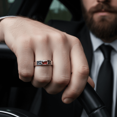 MAÇONARIA – Anel Sinete retangular esquadro e compasso Masculino com zircônia vermelha em Prata 925