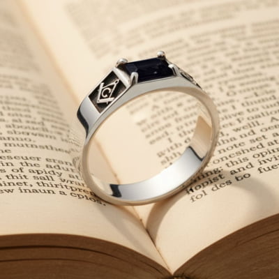 Maçonaria – Anel Sinete Retangular Esquadro e Compasso com Zircônia preta em Prata 925