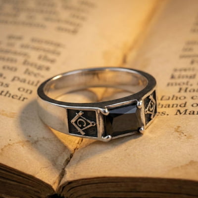 Maçonaria – Anel Sinete Retangular Esquadro e Compasso com Zircônia preta em Prata 925