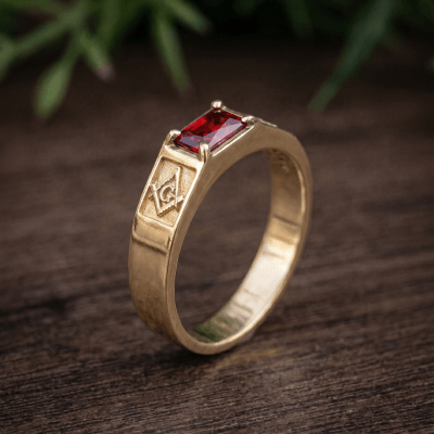 MAÇONARIA – Anel Sinete retangular esquadro e compasso Masculino com zircônia vermelha em Ouro 10 K maciço MAÇONARIA – Anel Sinete retangular esquadro e compasso Masculino com zircônia vermelha em Ouro 10 K maciço