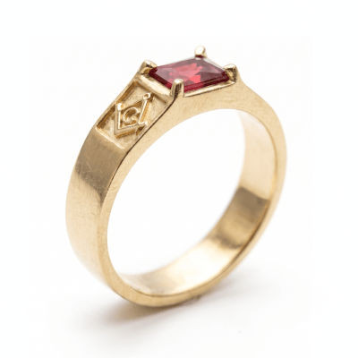 MAÇONARIA – Anel Sinete retangular esquadro e compasso Masculino com zircônia vermelha em Ouro 14 K maciço