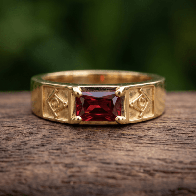 Anel Sinete Maçônico Retangular em Ouro 14k Maciço com Zircônia Vermelha