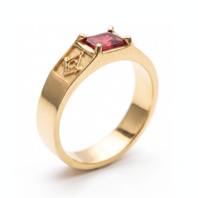 MAÇONARIA – Anel Sinete retangular esquadro e compasso Masculino com zircônia vermelha em Ouro 18 K maciço