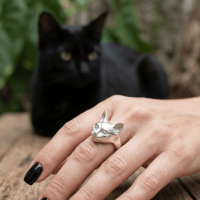 Anel Pet Lover Cabeça de Gato em Prata 925 - Maktub Pratas