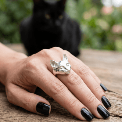 Anel Pet Lover Cabeça de Gato em Prata 925 - Maktub Pratas