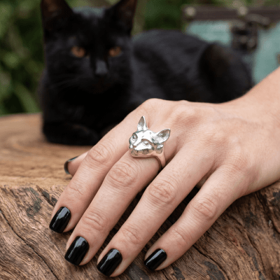 Anel Pet Lover Cabeça de Gato em Prata 925 - Maktub Pratas