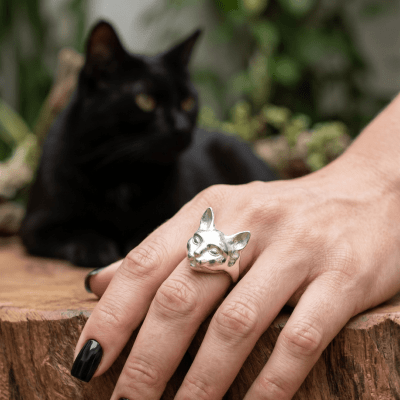 Anel Pet Lover Cabeça de Gato em Prata 925 - Maktub Pratas