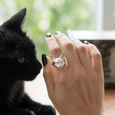 PET LOVER - CABEÇA DE GATO ANEL ARTESANAL EM PRATA 925