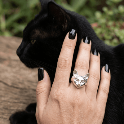 Anel Pet Lover Cabeça de Gato em Prata 925 - Maktub Pratas
