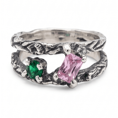 Anel Forest em Prata 925 com Zircônia Rosa e Verde
