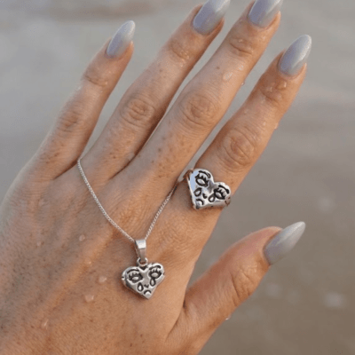 Coração Chorando – Conjunto Anel e Pingente Retrô em Prata 925 com Oxidação