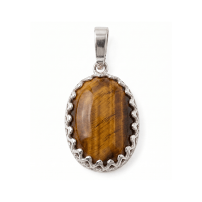 Pingente Oval Pedra Natural Olho de Tigre em Prata 925 Legítima