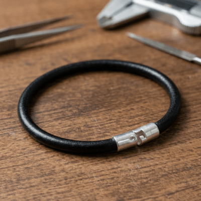 Pulseira - Unissex de Couro Preto com Fecho Magnético em Prata 925