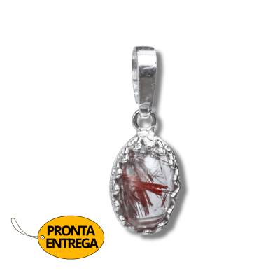 PEÇA ÚNICA PINGENTE  OVAL PEDRA NATURAL CRISTAL RUTILADO PRATA 950 