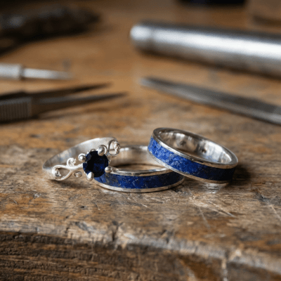 Mosaico Trio – Conjunto em Prata 925 com 2 Anéis Mosaico de Lápis-Lazúli Natural e Solitário Frigg com Zircônia Azul-Marinho