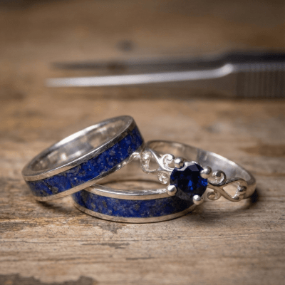 Mosaico Trio – Conjunto em Prata 925 com 2 Anéis Mosaico de Lápis-Lazúli Natural e Solitário Frigg com Zircônia Azul-Marinho