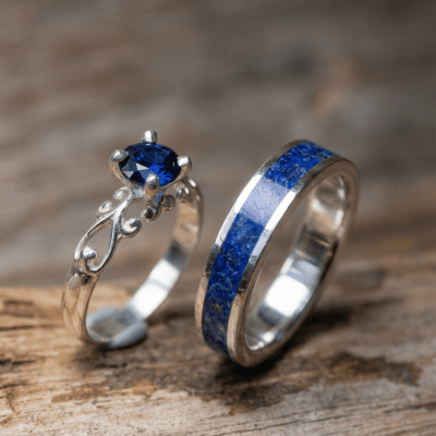 Mosaico Trio – Conjunto em Prata 925 com 2 Anéis Mosaico de Lápis-Lazúli Natural e Solitário Frigg com Zircônia Azul-Marinho