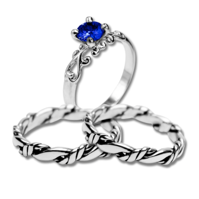 2 ALIANÇAS NORDIC ROPE FINA + 1 SOLITÁRIO FRIGG ZIRCÔNIA AZUL MARINHO PRATA 950