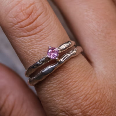 2 ANÉIS SENTIR + SOLITÁRIO UNIQUE ZIRCÔNIA ROSA PRATA 950