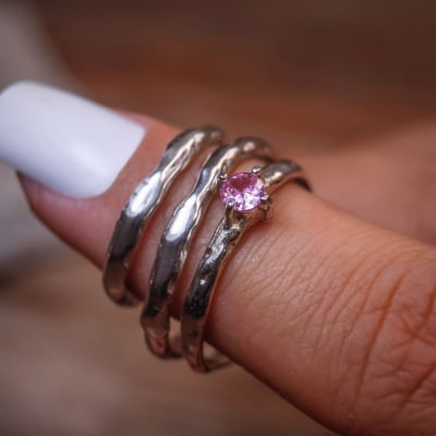 2 ANÉIS SENTIR + SOLITÁRIO UNIQUE ZIRCÔNIA ROSA PRATA 950