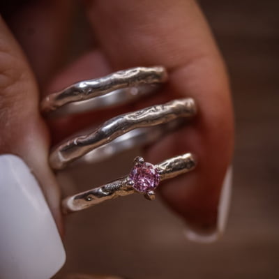 2 ANÉIS SENTIR + SOLITÁRIO UNIQUE ZIRCÔNIA ROSA PRATA 950