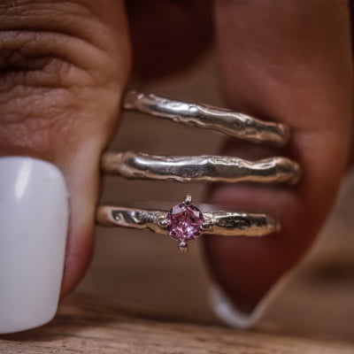 2 ANÉIS SENTIR + SOLITÁRIO UNIQUE ZIRCÔNIA ROSA PRATA 950