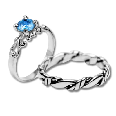 FRIGG – PAR DE ALIANÇAS (SOLITÁRIO + ANEL NORDIC ROPE) EM PRATA 925 COM ZIRCÔNIA AZUL CLARO