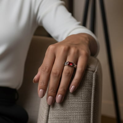 ASGARD – PAR DE ALIANÇAS NÓRDICAS EM PRATA 925 COM ZIRCÔNIA VERMELHA