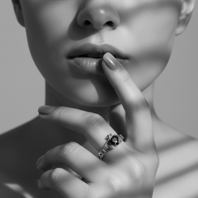 CLADDAGH – PAR DE ALIANÇAS MODELOS IRLANDESES THIN E STONE COM ZIRCÔNIA PRETA EM PRATA 925